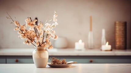 Flowers in vase and burning candles in living room, cosy winter interior home decor, calm and relax  aromatherapy, mock up arrangement - obrazy, fototapety, plakaty