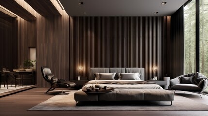 A luxurious master bedroom with textured interior walls, the high-resolution camera emphasizing the...