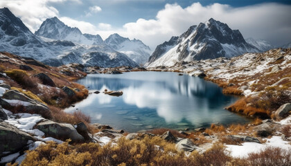 Fototapeta na wymiar Tranquil scene of majestic mountain range, reflection in tranquil water generated by AI