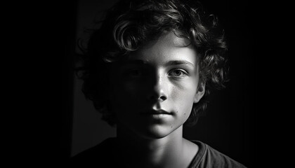Cute curly haired boy with serious expression looking at camera indoors generated by AI