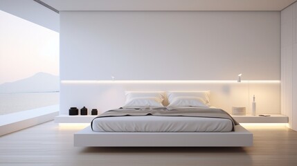 A minimalist bedroom with white walls and soft lighting, the HD camera emphasizing the simplicity and tranquility of the modern design.