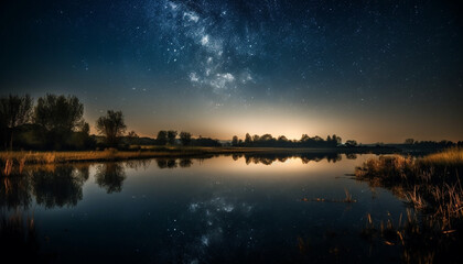 Milky Way galaxy illuminates tranquil landscape, star trail reflects beauty generated by AI