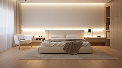 A minimalist bedroom with white walls and soft lighting, the HD camera emphasizing the simplicity and tranquility of the modern design.
