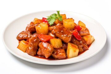 Experience the Irresistible Flavors of Chinese Cuisine with Sweet and Sour Pork, a Delectable Dish Featuring Tender Pork, Pineapple, and Salsa

