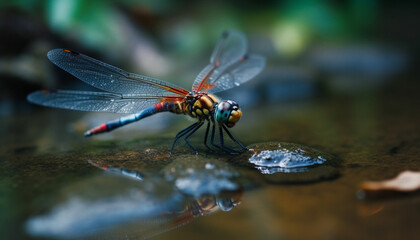 Dragonfly resting on leaf, vibrant green beauty in nature generated by AI