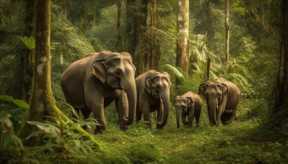 Fotobehang Large herd of African elephants walking through lush green forest generated by AI © djvstock