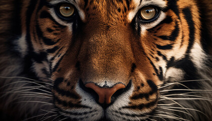 Majestic tiger staring at camera, dangerous beauty in nature portrait generated by AI