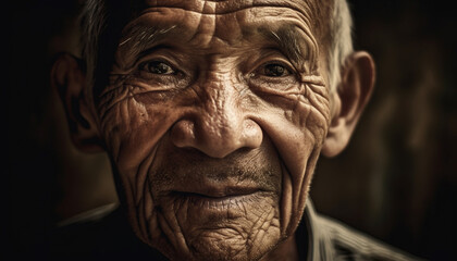 Fototapeta na wymiar Smiling senior man with gray hair, wrinkles, and wisdom looking happy generated by AI