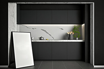 Front view of a dark kitchen with a concrete floor, cabinet, oven, and empty white poster on marble and grey wall. minimalism. mockup. Generative AI