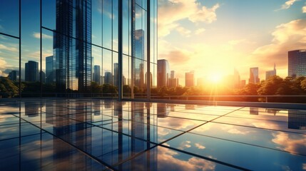 Modern office building or business center. High-rise window buildings made of glass reflect the clouds and the sunlight. empty street outside  wall modernity civilization. growing up business