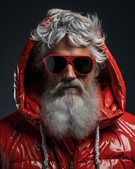 Studio portrait of trendy, sunglasses-wearing Santa Claus in red leather jacket posing as advertising model. Volumetric lighting.