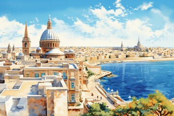 Sunny aerial view of Valletta, Malta with watercolor digital painting capturing the travel concept. Generative AI - obrazy, fototapety, plakaty