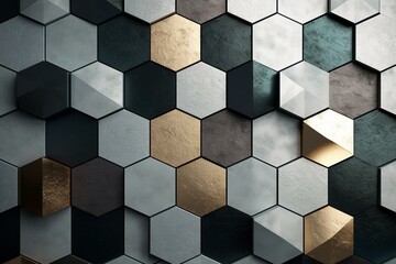 Arrangement of shiny tiles forming a modern wall with a concrete background made of geometric blocks. Generative AI