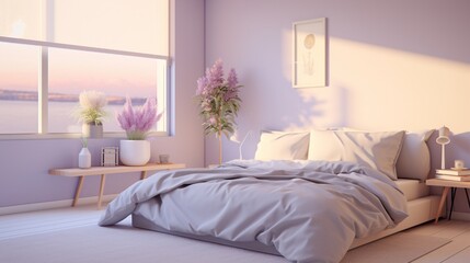 A serene bedroom with soft lavender walls and minimalist decor, the HD camera capturing the tranquil and calming ambiance of the space.