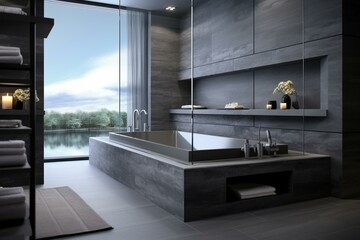 Spacious grey bathroom with see-through tub. Generative AI - obrazy, fototapety, plakaty