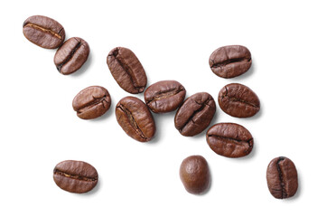 Many roasted coffee beans isolated on white, top view