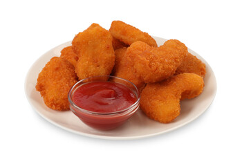 Plate of tasty chicken nuggets with ketchup isolated on white