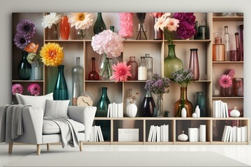 Wall with picture of 3D abstract flowers, vases, and books. Generative AI