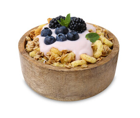 Tasty granola, yogurt and fresh berries in bowl on white background. Healthy breakfast
