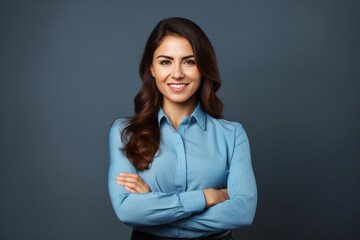 Confident Businesswoman in Blue Shirt Smiles