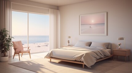 Fototapeta na wymiar A serene bedroom with soft pastel-colored walls and minimalistic decor, the HD camera highlighting the tranquility and simplicity of the design.