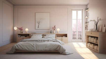 Fototapeta na wymiar A serene bedroom with soft pastel interior walls, the HD camera highlighting the tranquil atmosphere and the understated elegance of the room.