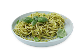 Plate of delicious pasta with pesto sauce and basil isolated on white