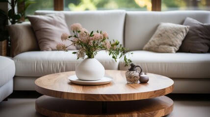 Fototapeta na wymiar Elegant Wooden Accent Coffee Table Near Sofa Interior Design