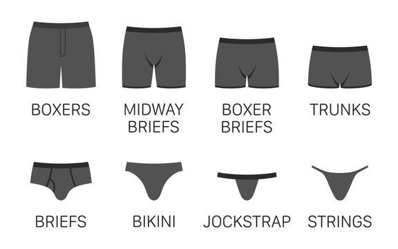 Male underwear types flat silhouettes vector icons set. Man briefs