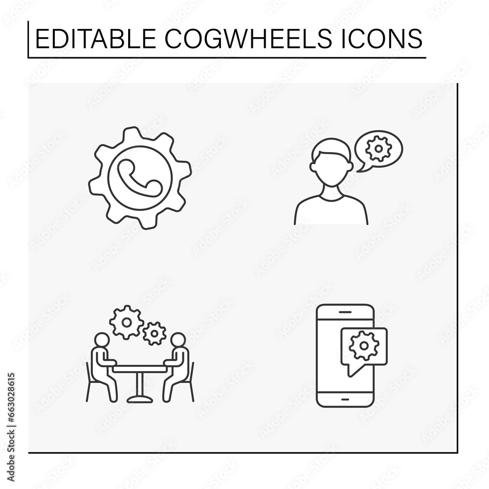 Poster cogwheels line icons set. settings and configurations for different situations. business concept. is