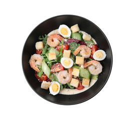 Bowl of delicious Caesar salad with shrimps isolated on white, top view