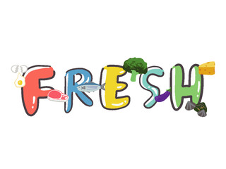 食べ物とFRESHの手描き風文字イラスト