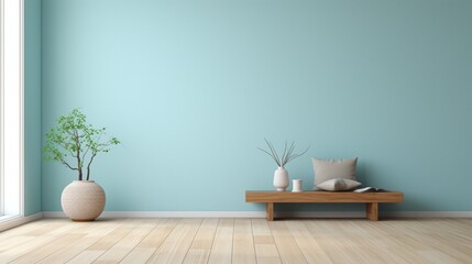 A serene meditation room with light blue walls and minimal decor, the high-definition camera...