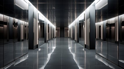 A sleek and modern hallway with mirrored walls, the high-resolution camera capturing the illusion of space and the contemporary design.