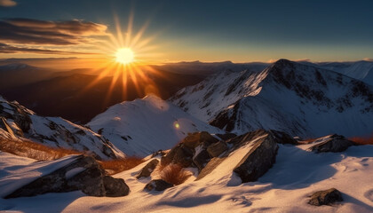 Tranquil scene of majestic mountain range at sunset, frozen in winter generated by AI