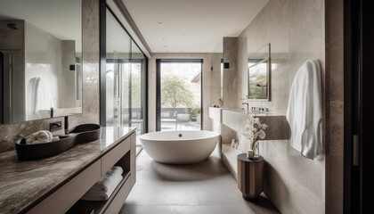 Modern elegance in luxurious domestic bathroom with marble and wood generated by AI