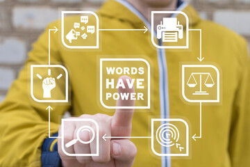 Man using virtual touch interface presses insccription: WORDS HAVE POWER. Concept of word have power. Copywritting storytelling marketing. Business and education english language learning concept.