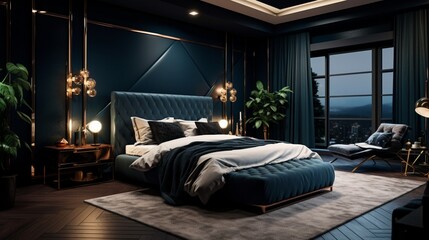 A sophisticated bedroom with navy blue walls and metallic accents, the HD camera highlighting the rich and luxurious atmosphere of the space.