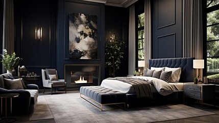 A sophisticated bedroom with navy blue walls and metallic accents, the HD camera highlighting the rich and luxurious atmosphere of the space.