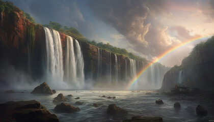 Fototapeta premium Majestic mountain range, beauty in nature, flowing water, idyllic autumn generated by AI