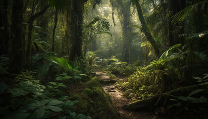 Tranquil scene of wet tropical rainforest with lush green growth generated by AI