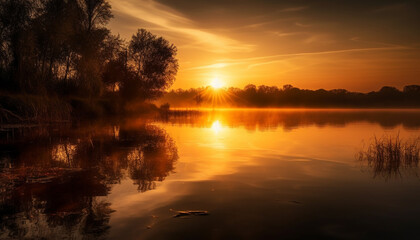 Fototapeta premium Golden horizon reflects vibrant nature beauty in tranquil waterscape generated by AI