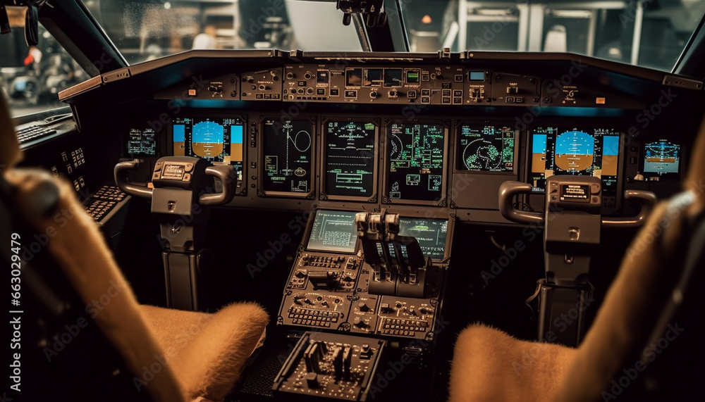 Aufkleber inside cockpit, engineer working on airplane control panel and speedometer generated by ai