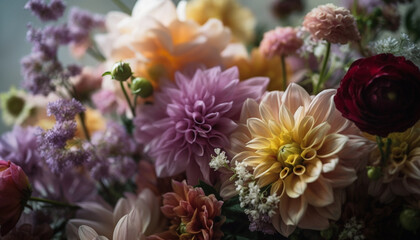 Fresh multi colored bouquet of daisies and chrysanthemums in vase generated by AI