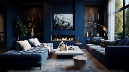 A sophisticated living room with deep blue accent walls, the HD camera showcasing the opulence and refinement of the space, creating a stylish retreat.