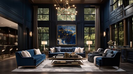 A sophisticated living room with deep blue accent walls, the HD camera showcasing the opulence and refinement of the space, creating a stylish retreat.