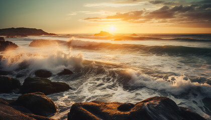 Obraz premium Tranquil scene of beauty in nature sunset over rocky coastline generated by AI