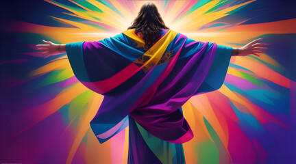 Jesus Extending Boundless Grace: A Dynamic and Vibrantly Detailed Portrait of Divine Love and Connection. - obrazy, fototapety, plakaty