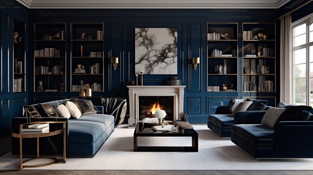 A sophisticated living room with deep blue accent walls and plush furnishings, the HD camera highlighting the opulence and refinement of the space.