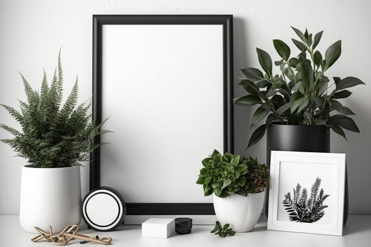 Black products, white wall, and black picture frame. Generative AI
